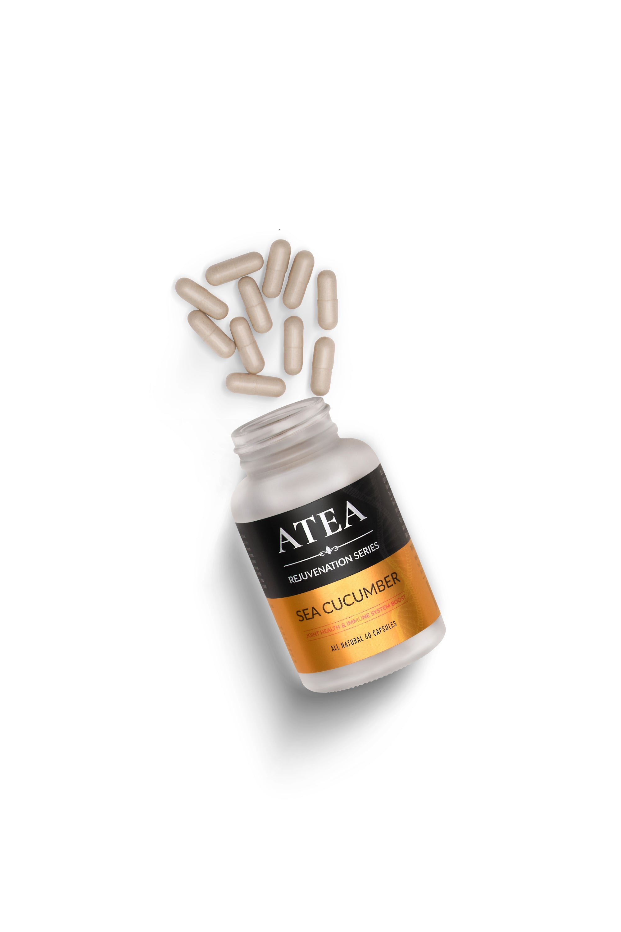ATEA bottle with tea cucumber supplement capsules on a white background