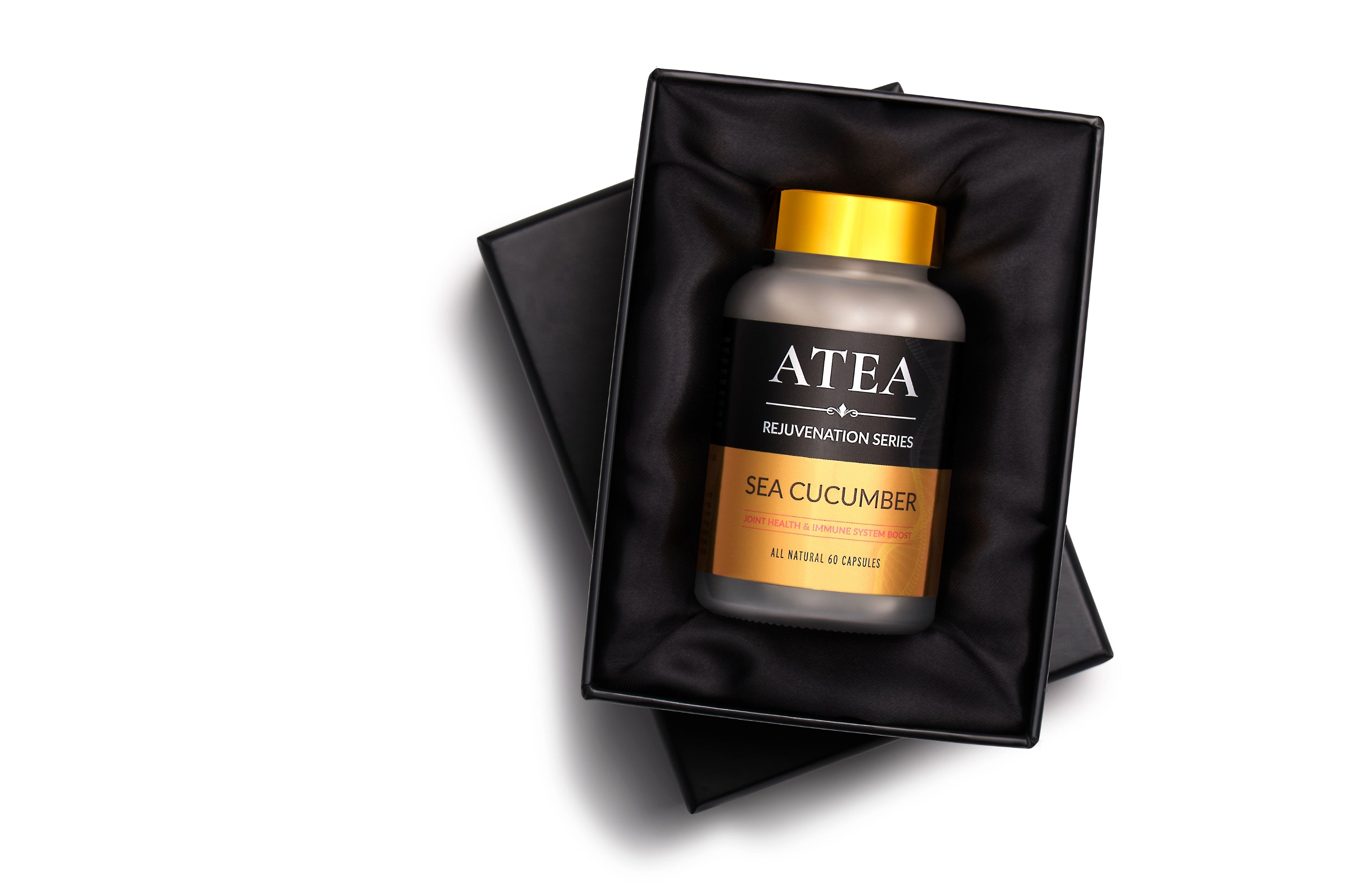 Bottle of ATEA Sea Cucumber supplement in a black box on a white background